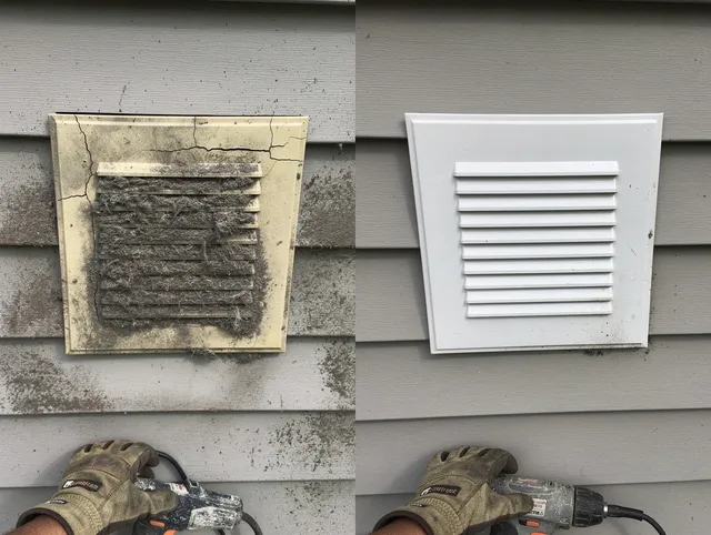 Cape Coral Dryer Vent Cleaning technician installing high-quality dryer vent cover at a residential property in Cape Coral